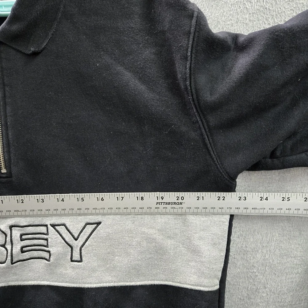 OBEY Men Sweatshirt M Black Chest Text Embroidery Colorblock Fleece 1/4 Zip Logo